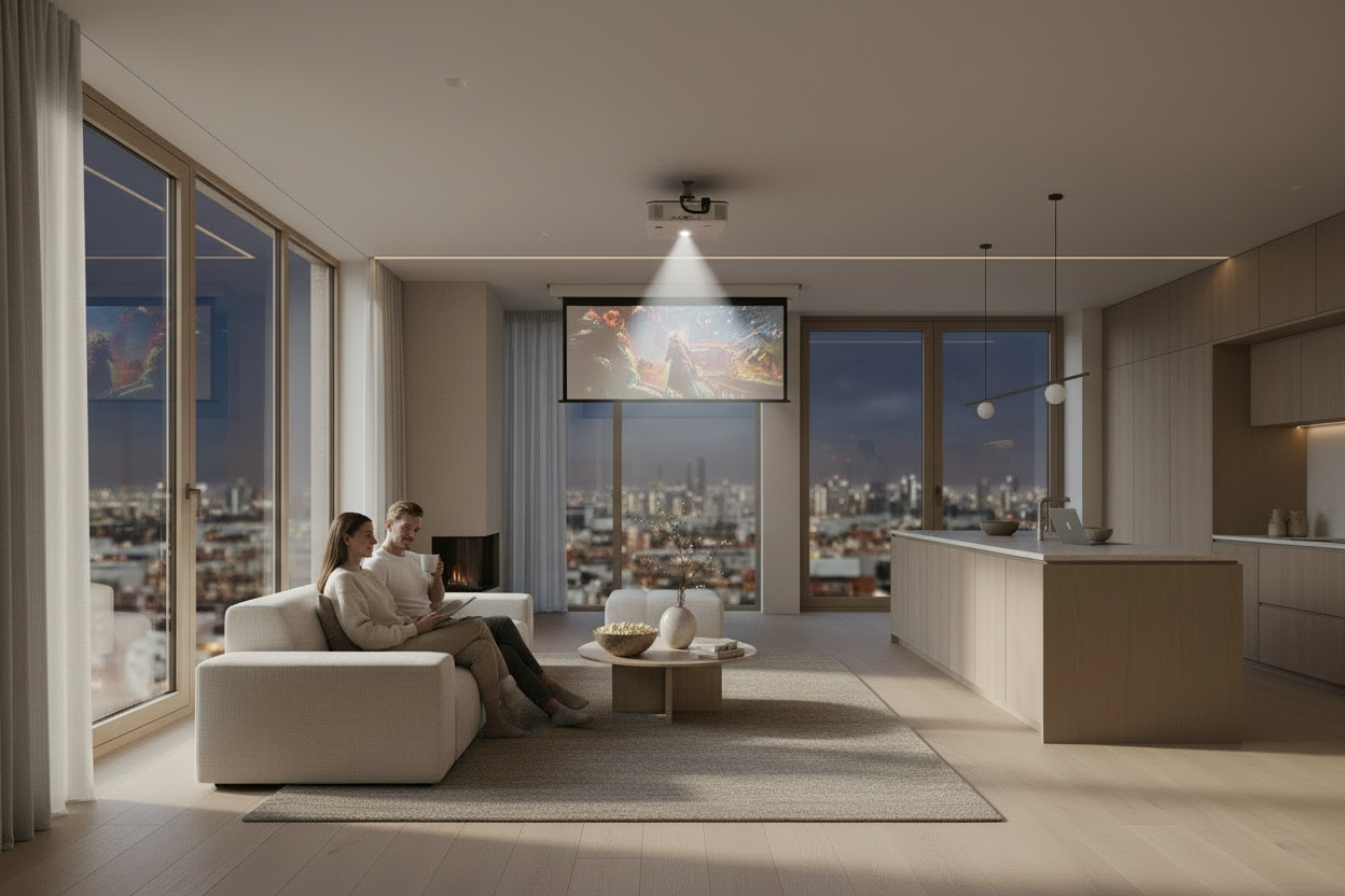 family watching a movie with popcorns in projector but we see them from behind make room more cozy