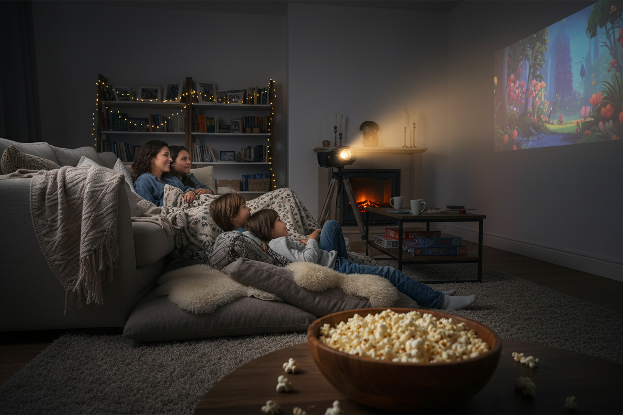 family watching projector with popcorn